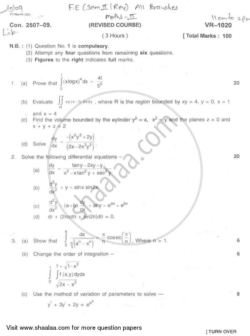 Applied Mathematics 2 2008-2009 - B.E. - Semester 2 (FE First Year) - University of Mumbai question paper with PDF download