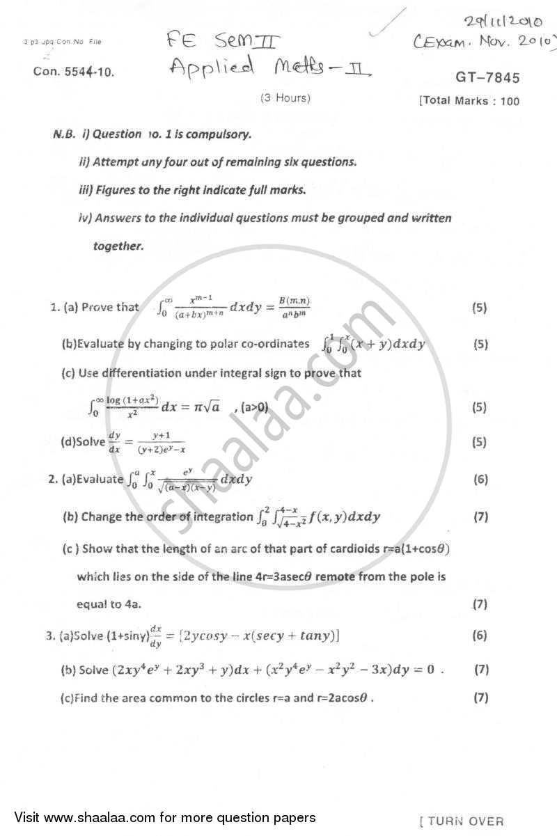 Applied Mathematics 2 2010-2011 - B.E. - Semester 2 (FE First Year) - University of Mumbai question paper with PDF download