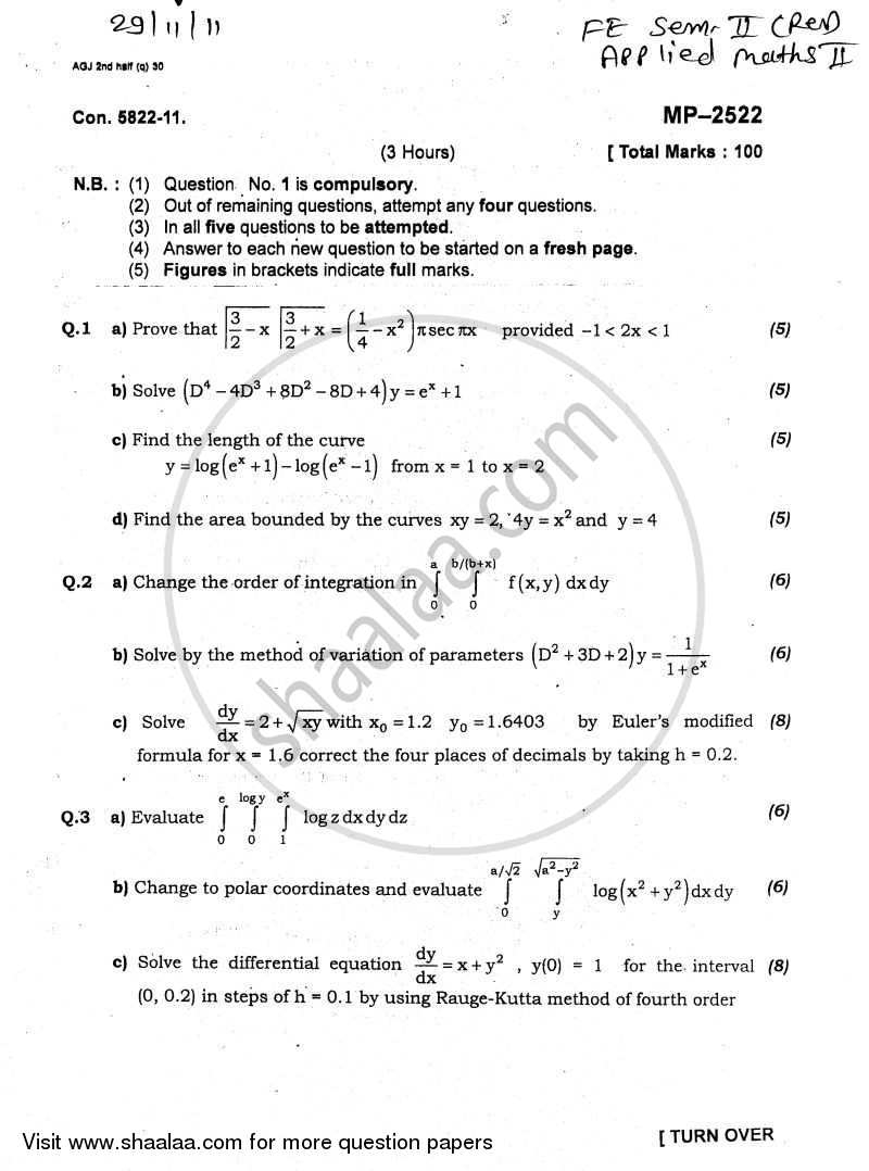 Applied Mathematics 2 2011-2012 - B.E. - Semester 2 (FE First Year) - University of Mumbai question paper with PDF download