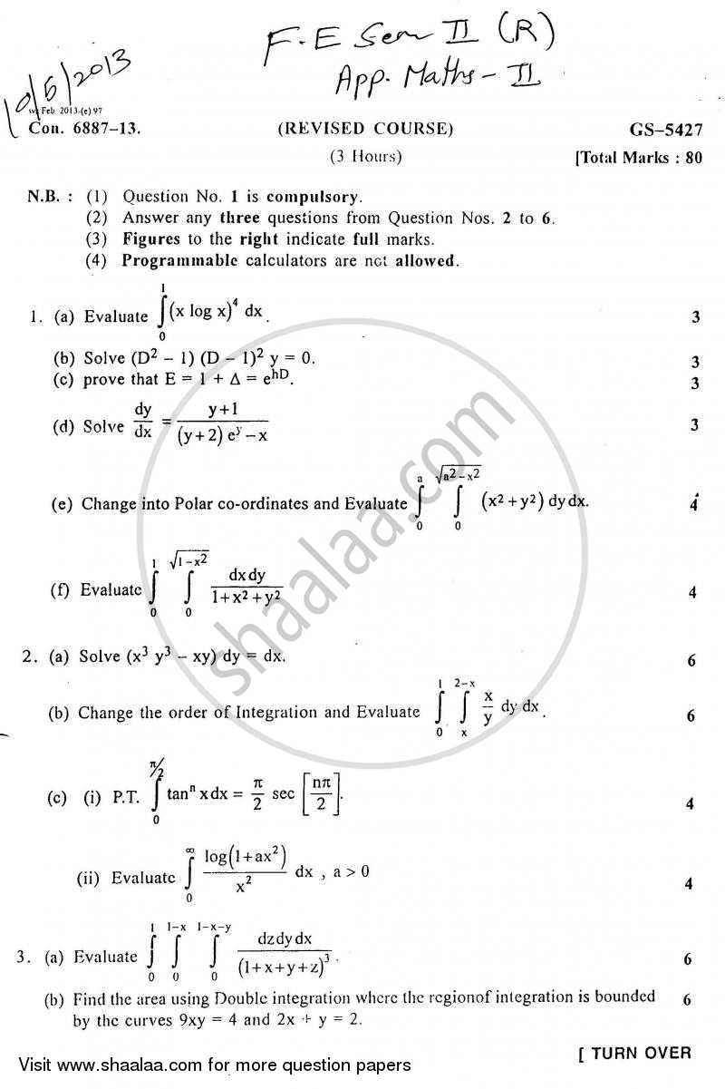 Applied Mathematics 2 2012-2013 - B.E. - Semester 2 (FE First Year) - University of Mumbai question paper with PDF download