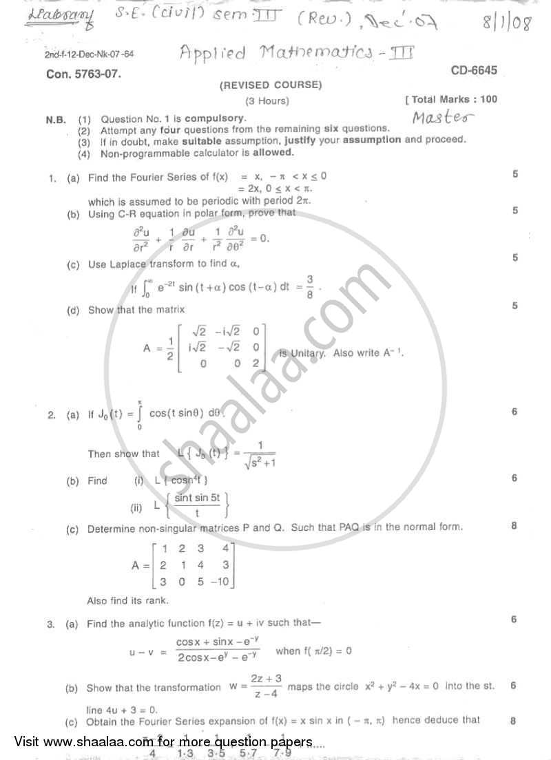 Applied Mathematics 3 2007-2008 - B.E. - Semester 3 (SE Second Year) - University of Mumbai question paper with PDF download