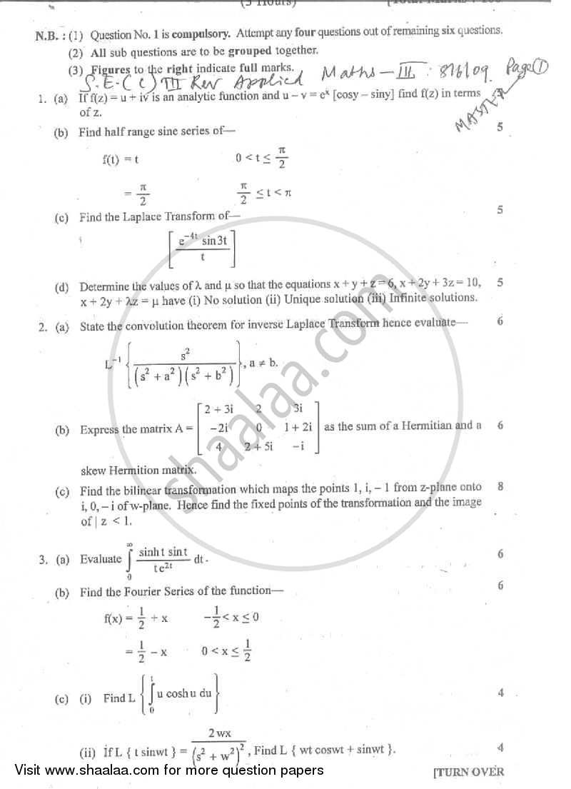 Applied Mathematics 3 2008-2009 - B.E. - Semester 3 (SE Second Year) - University of Mumbai question paper with PDF download