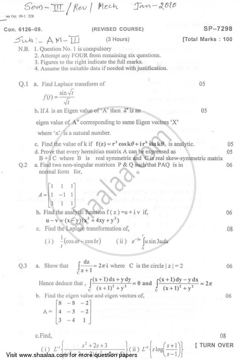Applied Mathematics 3 2009-2010 - B.E. - Semester 3 (SE Second Year) - University of Mumbai question paper with PDF download
