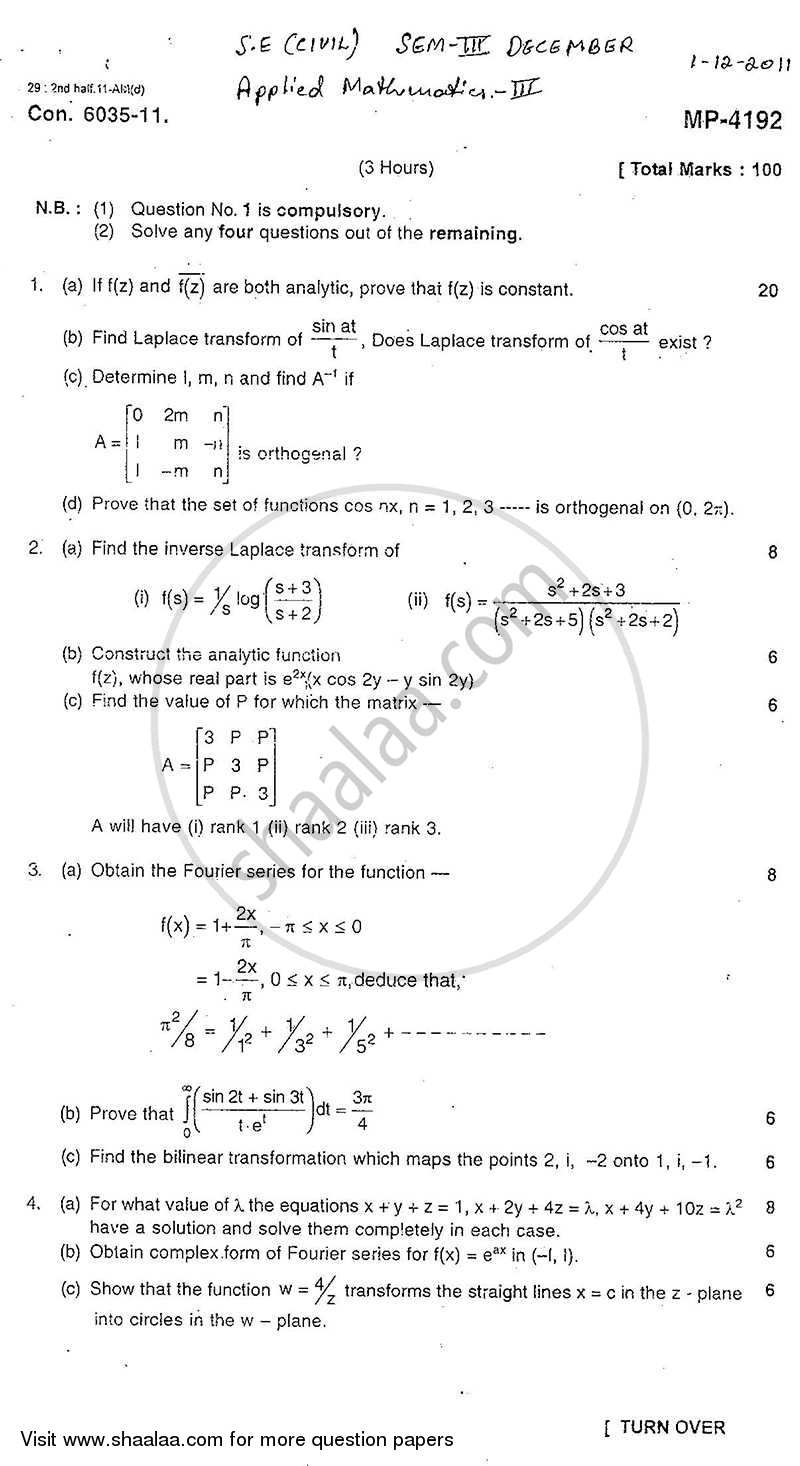 Applied Mathematics 3 2011-2012 - B.E. - Semester 3 (SE Second Year) - University of Mumbai question paper with PDF download