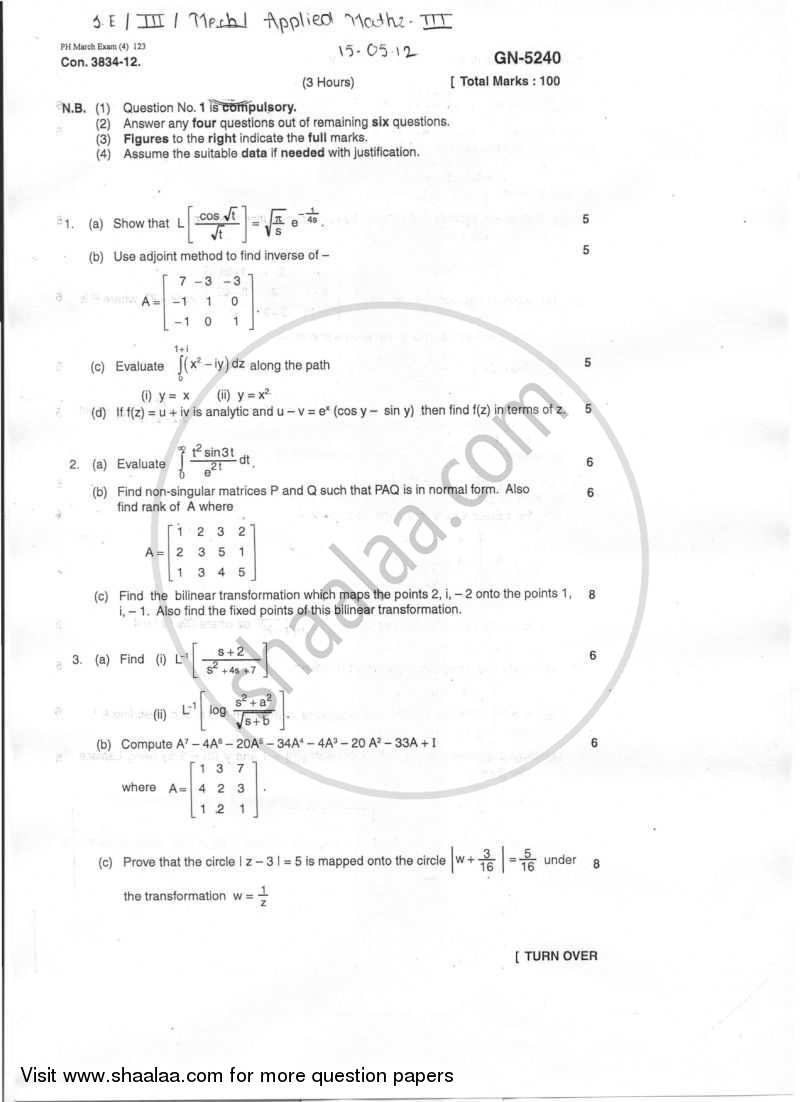 Applied Mathematics 3 2011-2012 - B.E. - Semester 3 (SE Second Year) - University of Mumbai question paper with PDF download