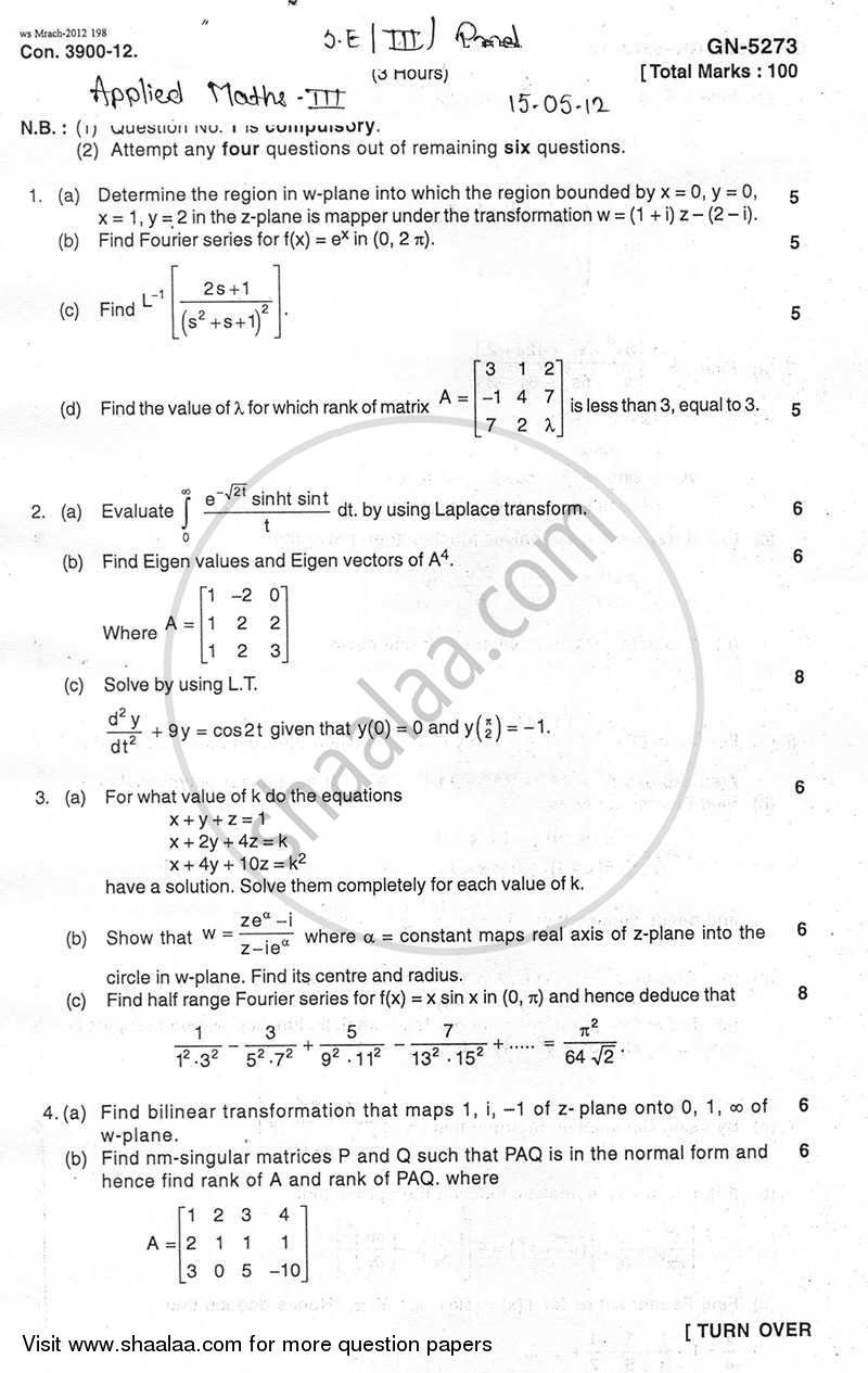 Applied Mathematics 3 2011-2012 - B.E. - Semester 3 (SE Second Year) - University of Mumbai question paper with PDF download