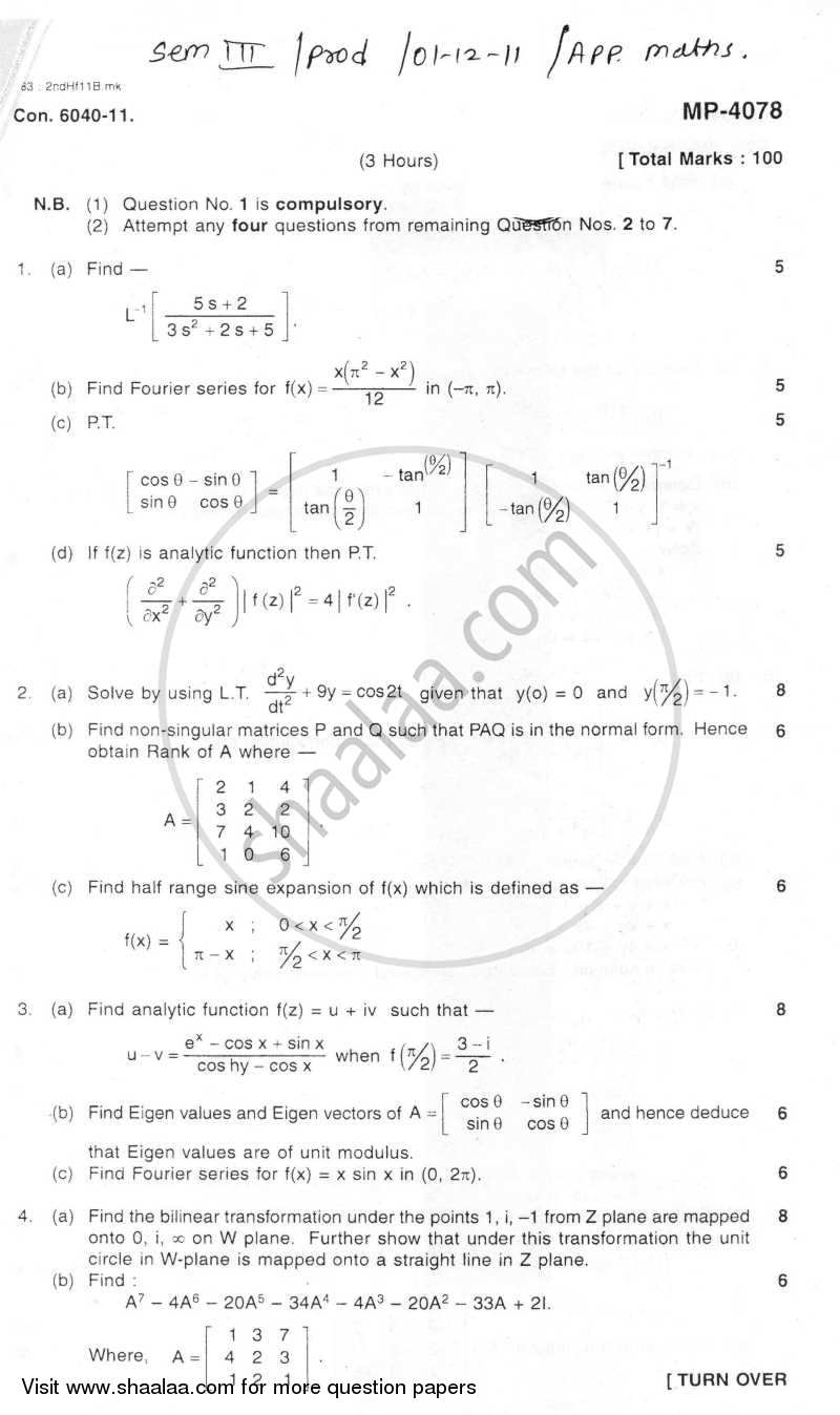 Applied Mathematics 3 2011-2012 - B.E. - Semester 3 (SE Second Year) - University of Mumbai question paper with PDF download