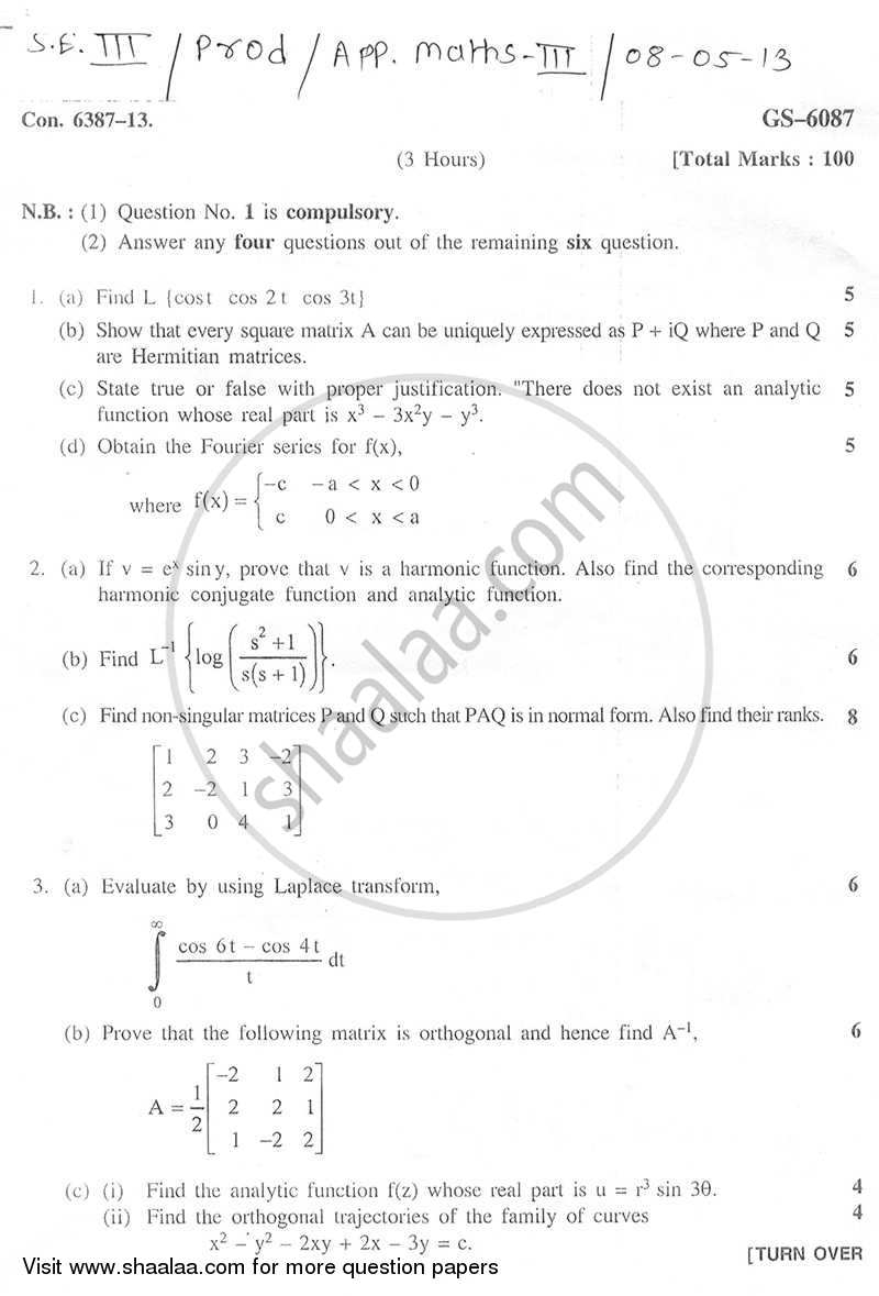 Applied Mathematics 3 2012-2013 - B.E. - Semester 3 (SE Second Year) - University of Mumbai question paper with PDF download