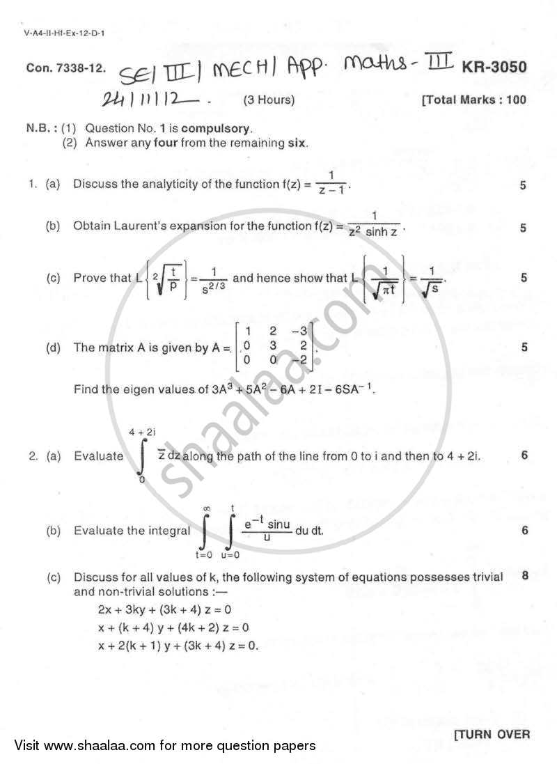 Applied Mathematics 3 2012-2013 - B.E. - Semester 3 (SE Second Year) - University of Mumbai question paper with PDF download
