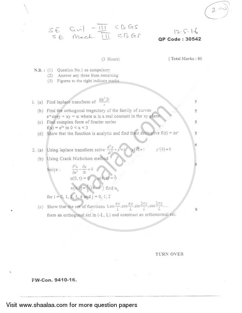 Applied Mathematics 3 2015-2016 - B.E. - Semester 3 (SE Second Year) - University of Mumbai question paper with PDF download