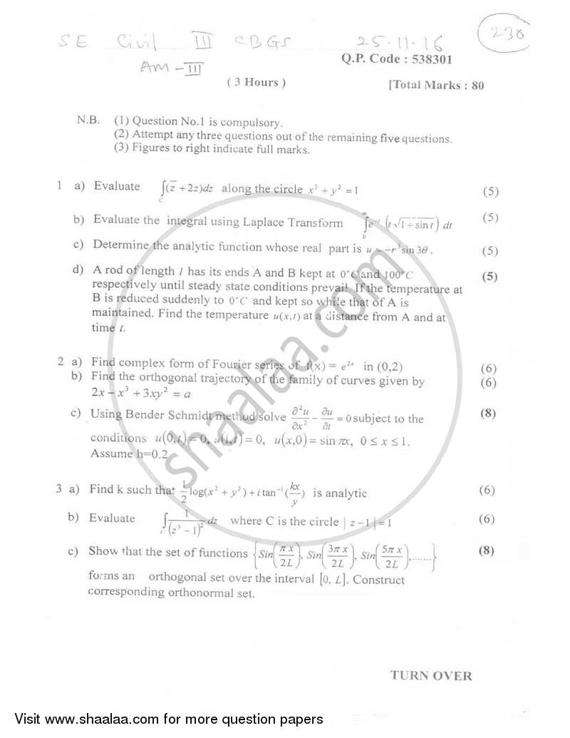 Applied Mathematics 3 2016-2017 - B.E. - Semester 3 (SE Second Year) - University of Mumbai question paper with PDF download