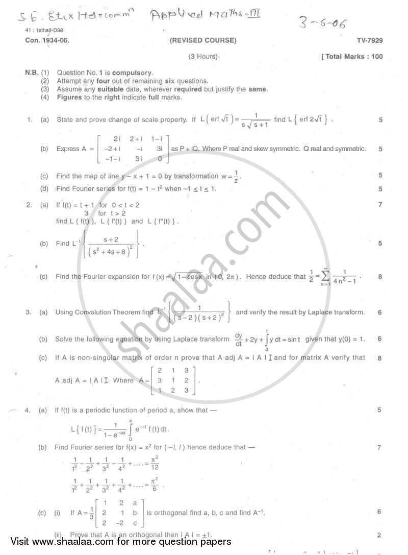 Applied Mathematics 3 2005-2006 - B.E. - Semester 3 (SE Second Year) - University of Mumbai question paper with PDF download