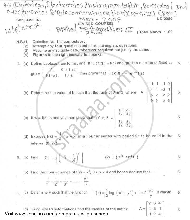 Applied Mathematics 3 2006-2007 - B.E. - Semester 3 (SE Second Year) - University of Mumbai question paper with PDF download