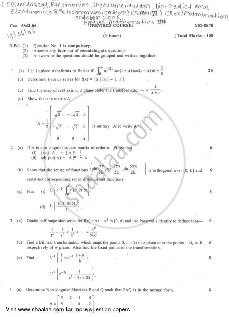 Applied Mathematics 3 2006-2007 - B.E. - Semester 3 (SE Second Year) - University of Mumbai question paper with PDF download