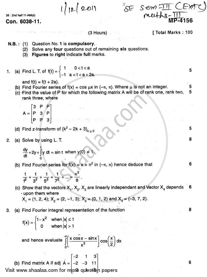 Applied Mathematics 3 2011-2012 - B.E. - Semester 3 (SE Second Year) - University of Mumbai question paper with PDF download
