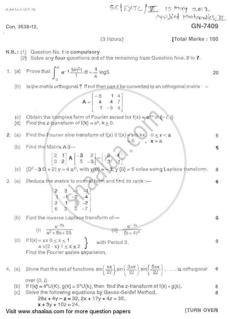 Applied Mathematics 3 2011-2012 - B.E. - Semester 3 (SE Second Year) - University of Mumbai question paper with PDF download