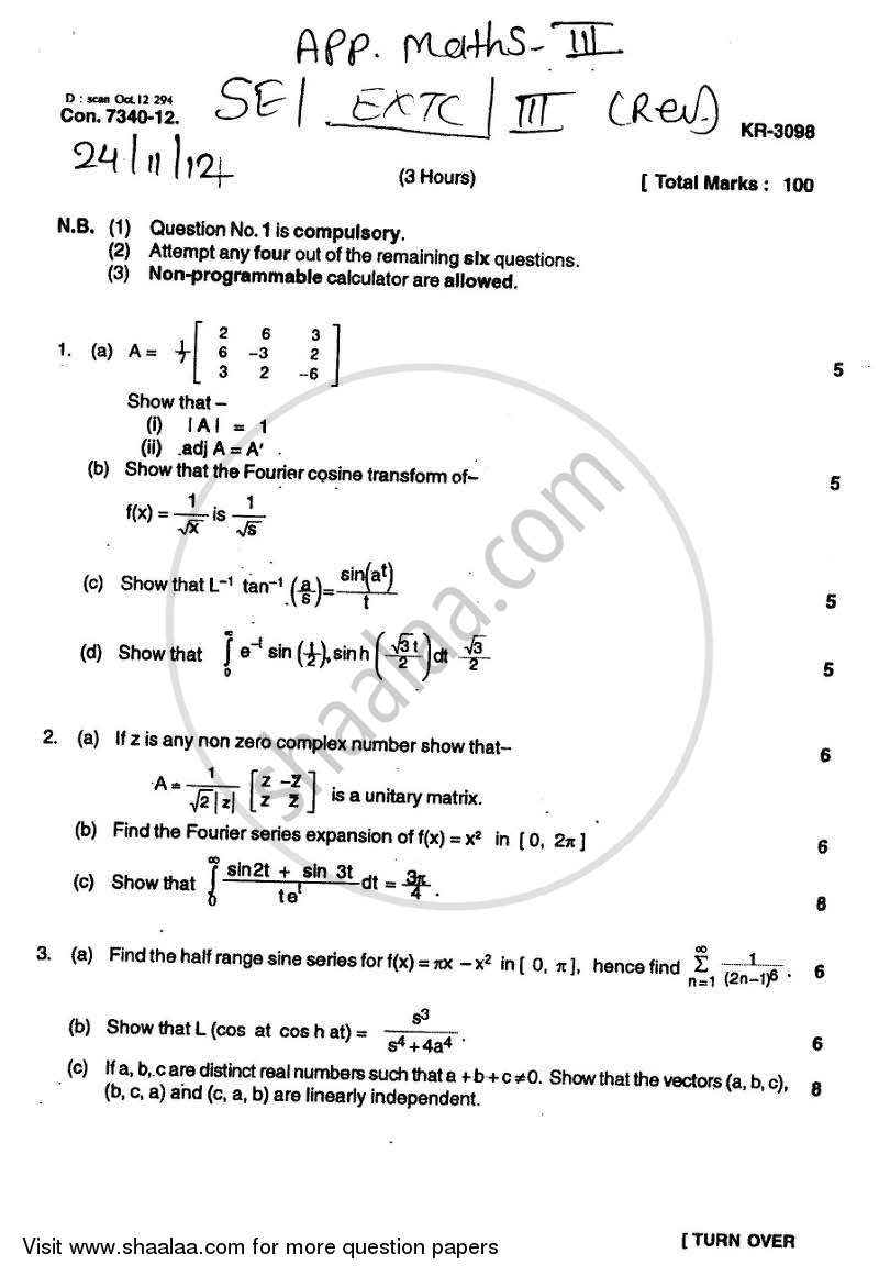 Applied Mathematics 3 2012-2013 - B.E. - Semester 3 (SE Second Year) - University of Mumbai question paper with PDF download