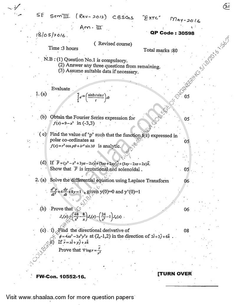 Applied Mathematics 3 2015-2016 - B.E. - Semester 3 (SE Second Year) - University of Mumbai question paper with PDF download