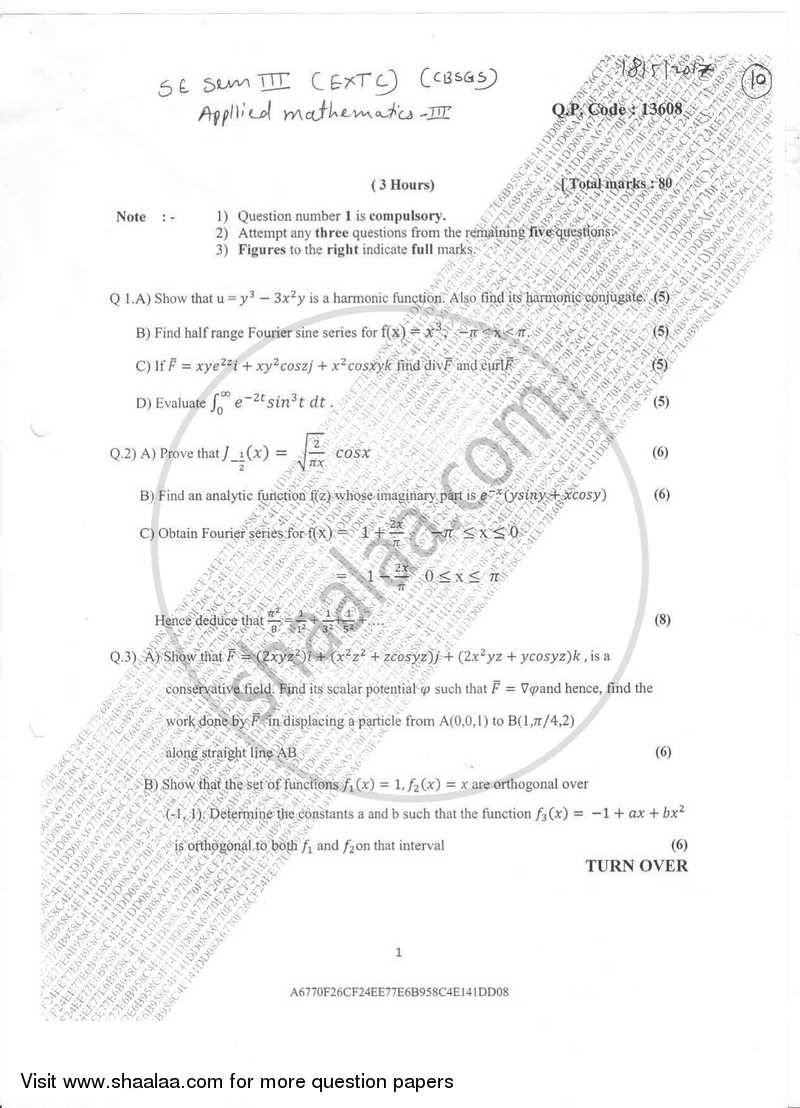 Applied Mathematics 3 2016-2017 - B.E. - Semester 3 (SE Second Year) - University of Mumbai question paper with PDF download