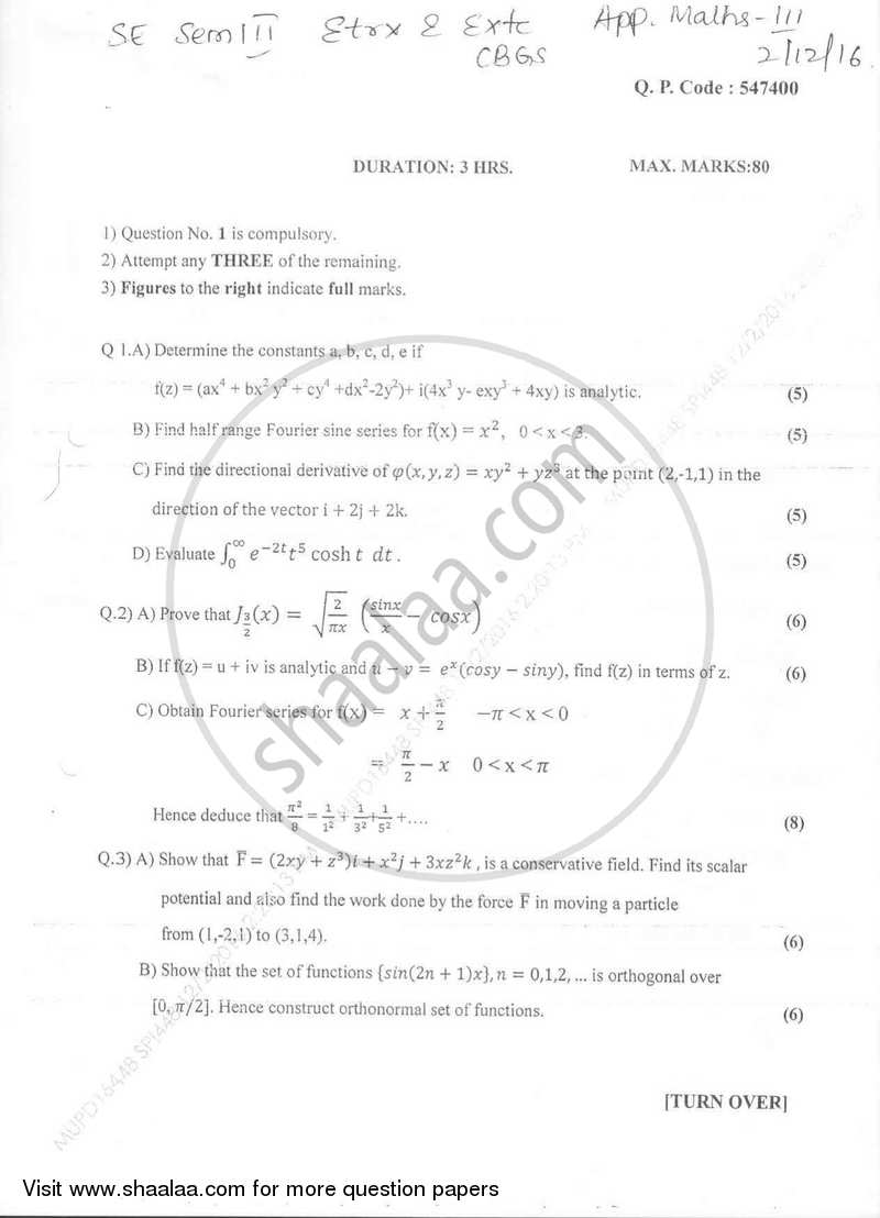 Applied Mathematics 3 2016-2017 - B.E. - Semester 3 (SE Second Year) - University of Mumbai question paper with PDF download