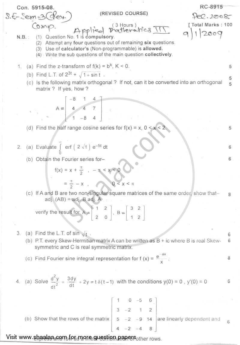 Applied Mathematics 3 2008-2009 - B.E. - Semester 3 (SE Second Year) - University of Mumbai question paper with PDF download