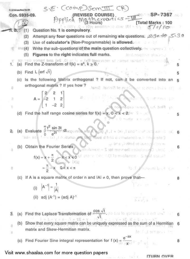 Applied Mathematics 3 2009-2010 - B.E. - Semester 3 (SE Second Year) - University of Mumbai question paper with PDF download