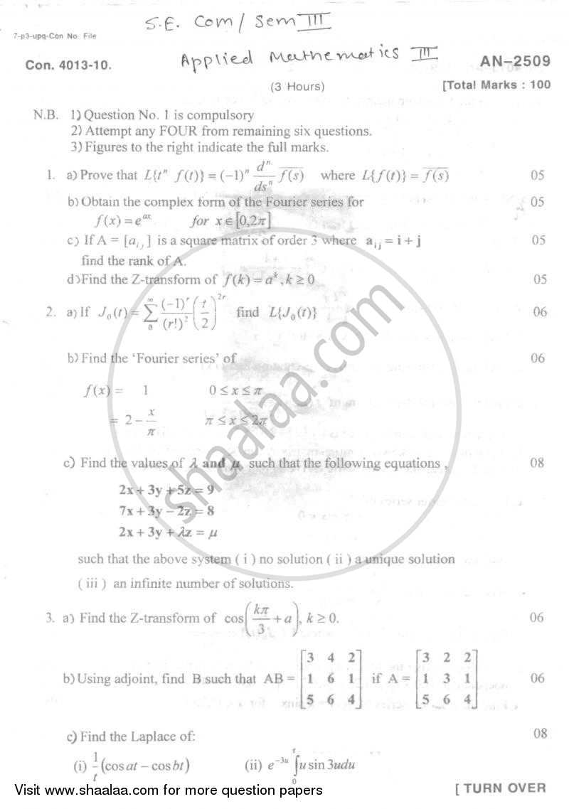Applied Mathematics 3 2009-2010 - B.E. - Semester 3 (SE Second Year) - University of Mumbai question paper with PDF download