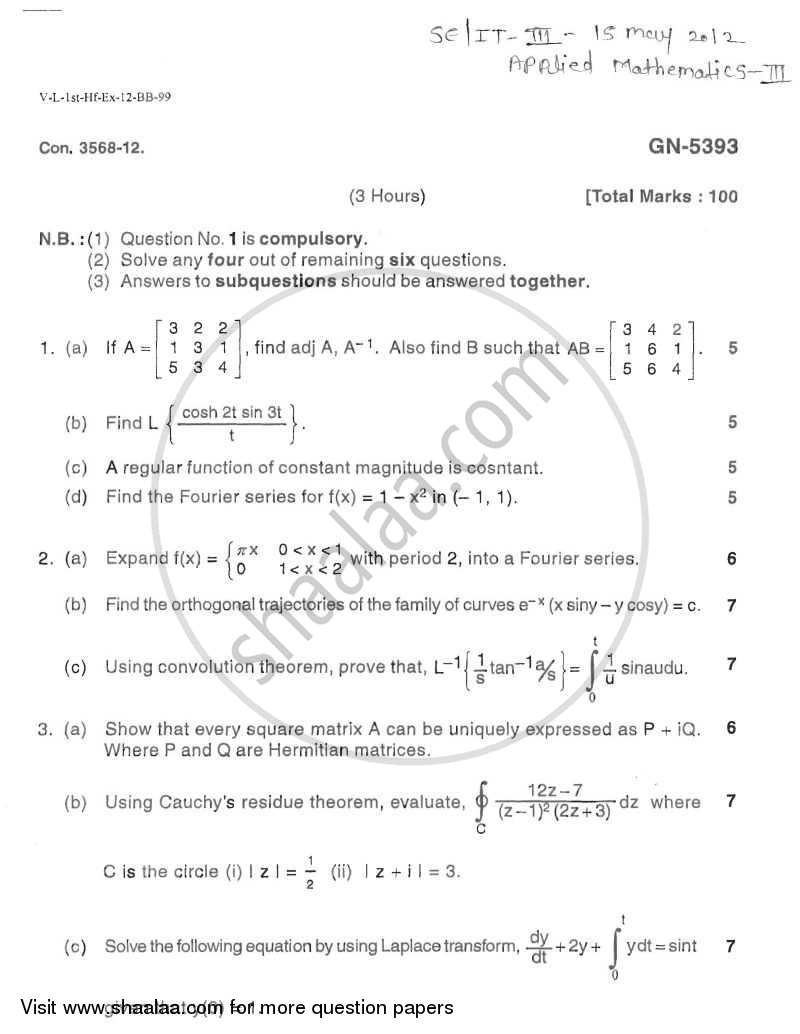 Applied Mathematics 3 2011-2012 - B.E. - Semester 3 (SE Second Year) - University of Mumbai question paper with PDF download