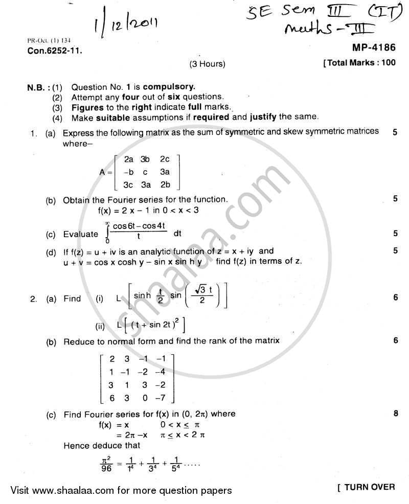 Applied Mathematics 3 2011-2012 - B.E. - Semester 3 (SE Second Year) - University of Mumbai question paper with PDF download