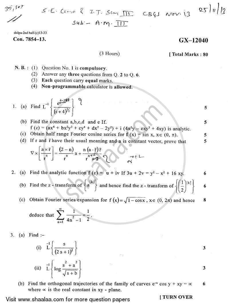 Applied Mathematics 3 2013-2014 - B.E. - Semester 3 (SE Second Year) - University of Mumbai question paper with PDF download