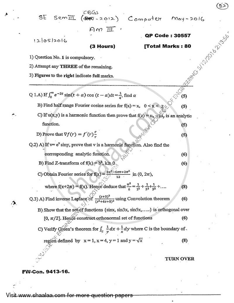 Applied Mathematics 3 2015-2016 - B.E. - Semester 3 (SE Second Year) - University of Mumbai question paper with PDF download