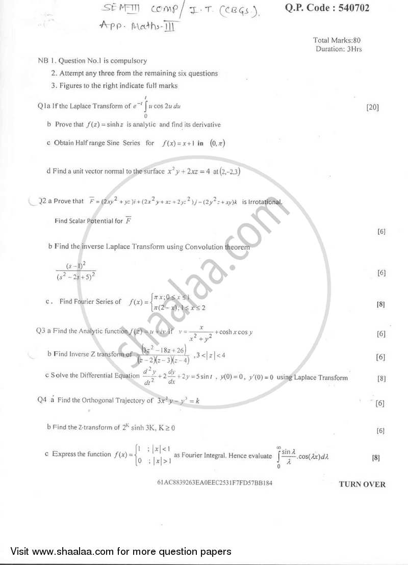 Applied Mathematics 3 2016-2017 - B.E. - Semester 3 (SE Second Year) - University of Mumbai question paper with PDF download