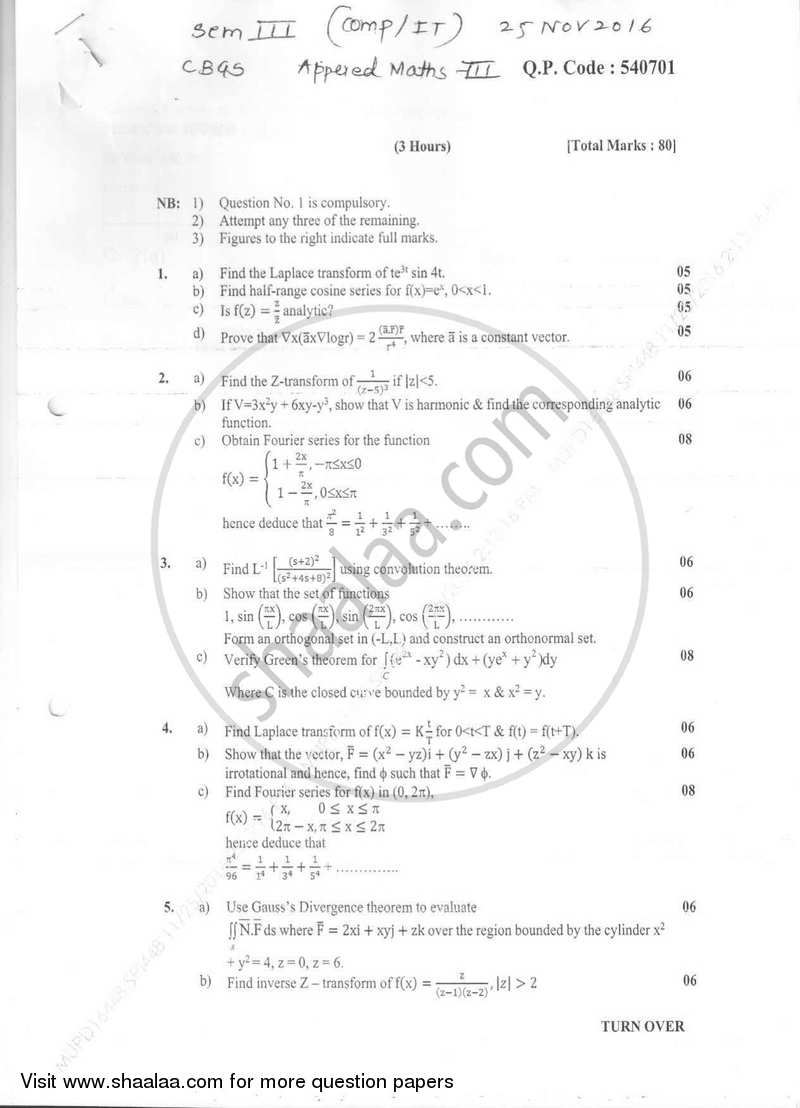 Applied Mathematics 3 2016-2017 - B.E. - Semester 3 (SE Second Year) - University of Mumbai question paper with PDF download