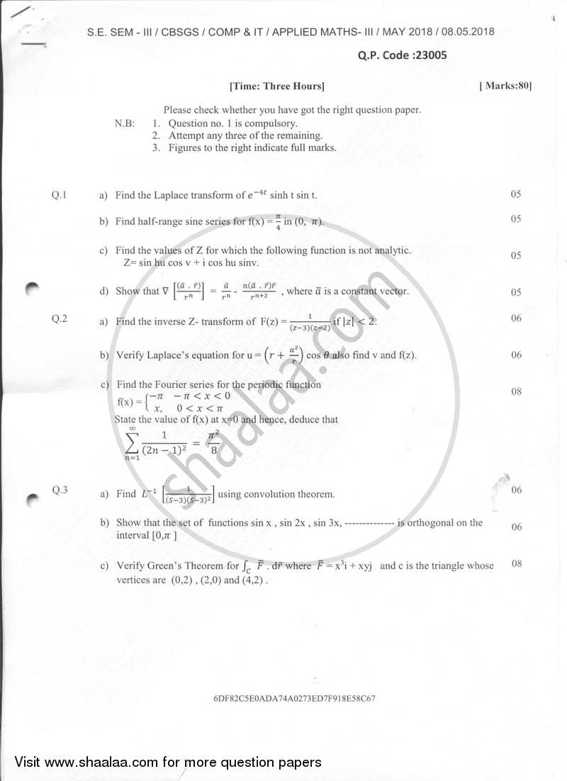 Applied Mathematics 3 2017-2018 - B.E. - Semester 3 (SE Second Year) - University of Mumbai question paper with PDF download