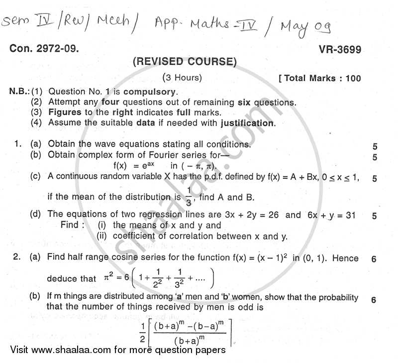 Applied Mathematics 4 2008-2009 - B.E. - Semester 4 (SE Second Year) - University of Mumbai question paper with PDF download