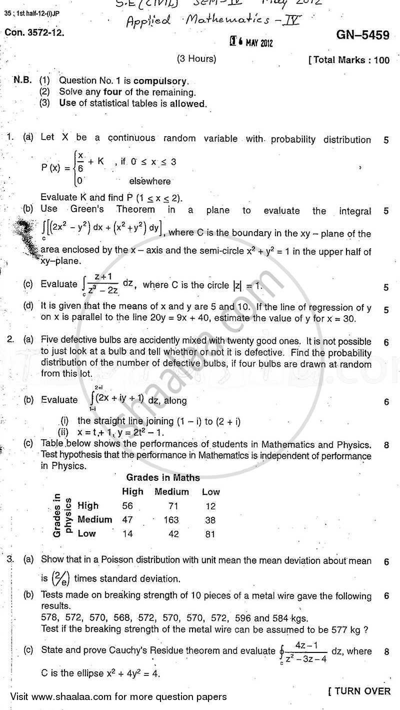 Applied Mathematics 4 2011-2012 - B.E. - Semester 4 (SE Second Year) - University of Mumbai question paper with PDF download