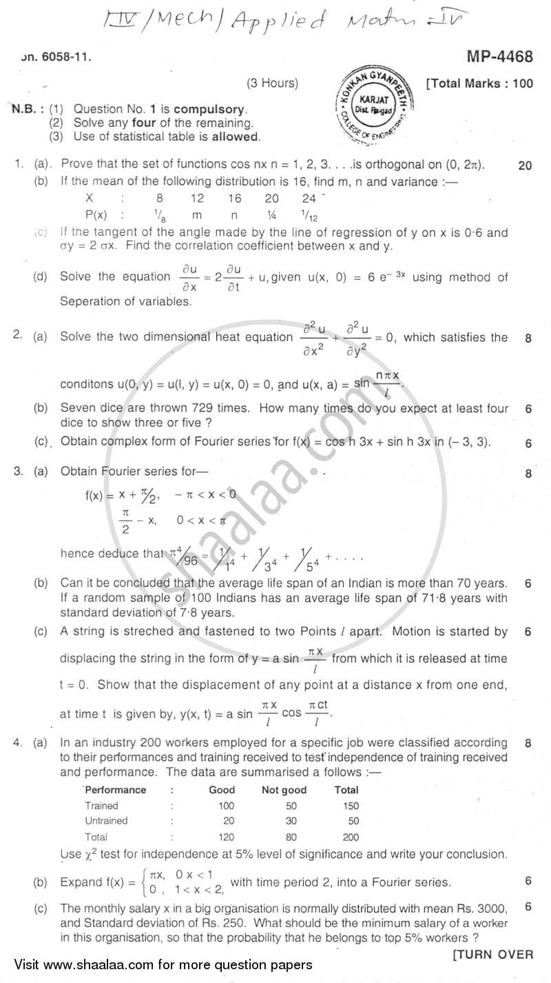 Applied Mathematics 4 2011-2012 - B.E. - Semester 4 (SE Second Year) - University of Mumbai question paper with PDF download