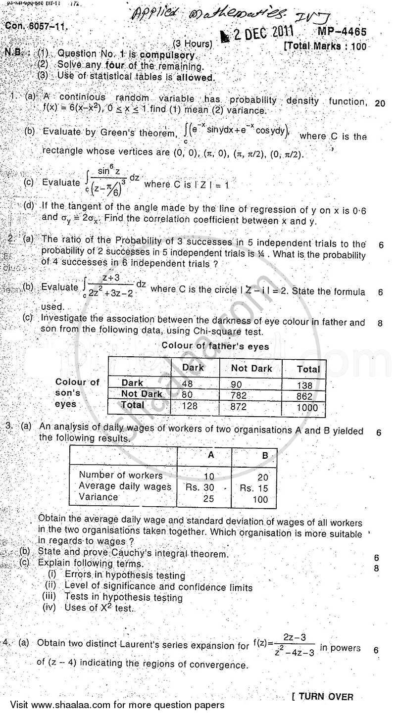 Applied Mathematics 4 2011-2012 - B.E. - Semester 4 (SE Second Year) - University of Mumbai question paper with PDF download