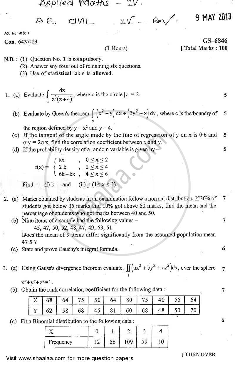 Applied Mathematics 4 2012-2013 - B.E. - Semester 4 (SE Second Year) - University of Mumbai question paper with PDF download