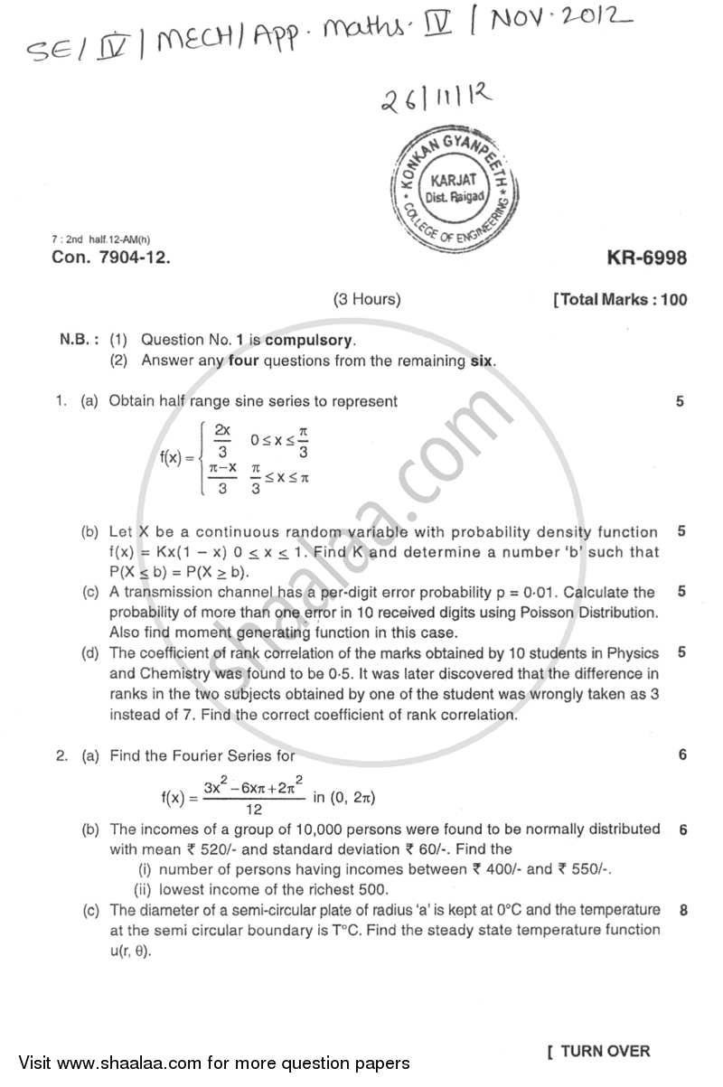 Applied Mathematics 4 2012-2013 - B.E. - Semester 4 (SE Second Year) - University of Mumbai question paper with PDF download