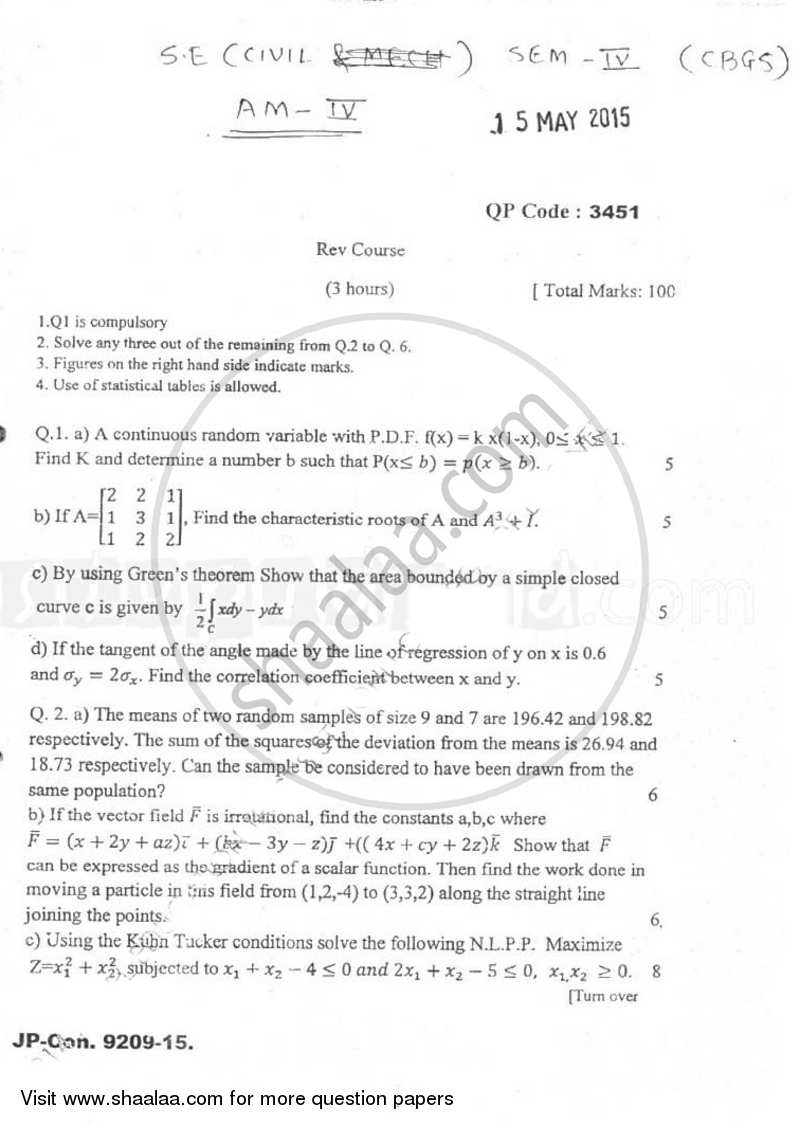 Applied Mathematics 4 2014-2015 - B.E. - Semester 4 (SE Second Year) - University of Mumbai question paper with PDF download