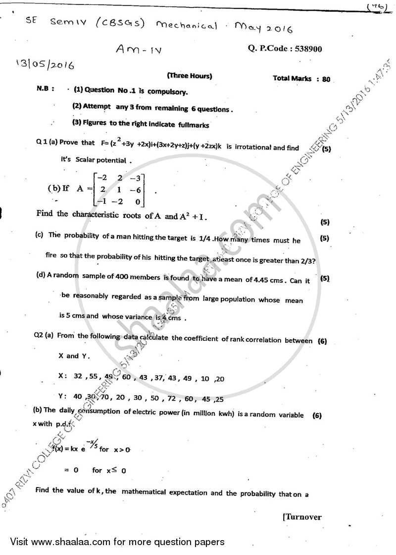 Applied Mathematics 4 2015-2016 - B.E. - Semester 4 (SE Second Year) - University of Mumbai question paper with PDF download