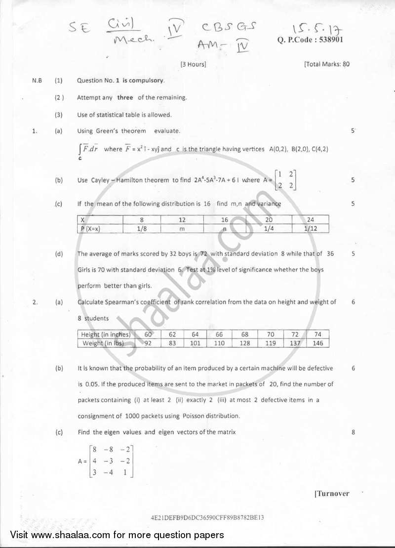 Applied Mathematics 4 2016-2017 - B.E. - Semester 4 (SE Second Year) - University of Mumbai question paper with PDF download