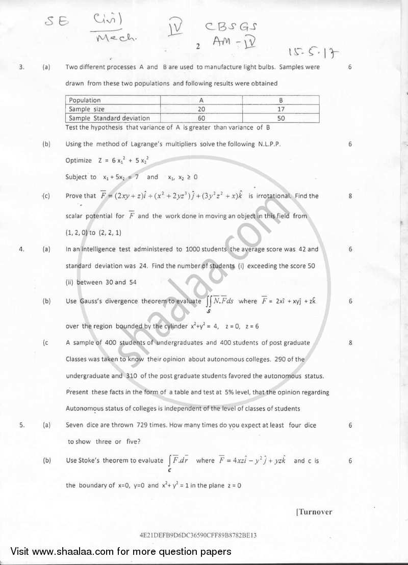 Applied Mathematics 4 2016-2017 - B.E. - Semester 4 (SE Second Year) - University of Mumbai question paper with PDF download