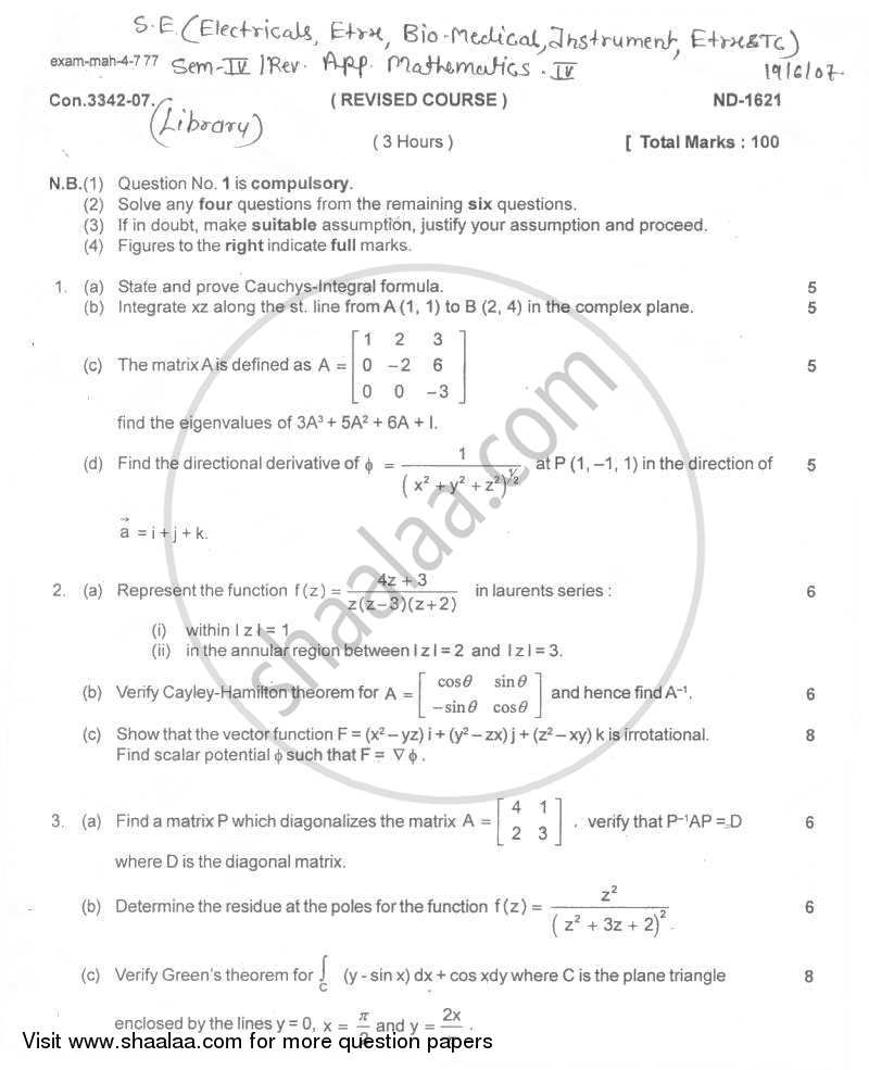 Applied Mathematics 4 2006-2007 - B.E. - Semester 4 (SE Second Year) - University of Mumbai question paper with PDF download
