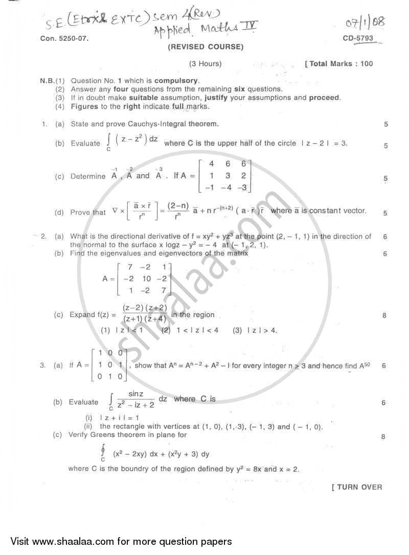 Applied Mathematics 4 2007-2008 - B.E. - Semester 4 (SE Second Year) - University of Mumbai question paper with PDF download