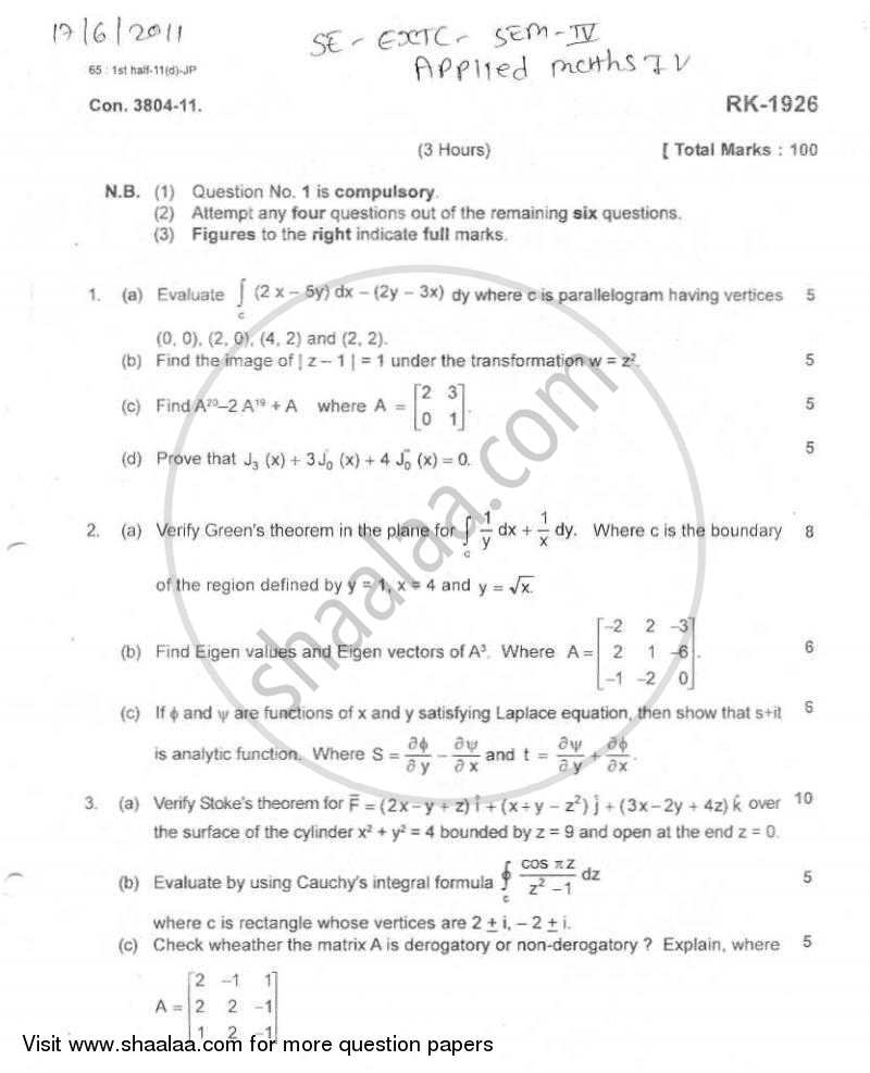 Applied Mathematics 4 2010-2011 - B.E. - Semester 4 (SE Second Year) - University of Mumbai question paper with PDF download