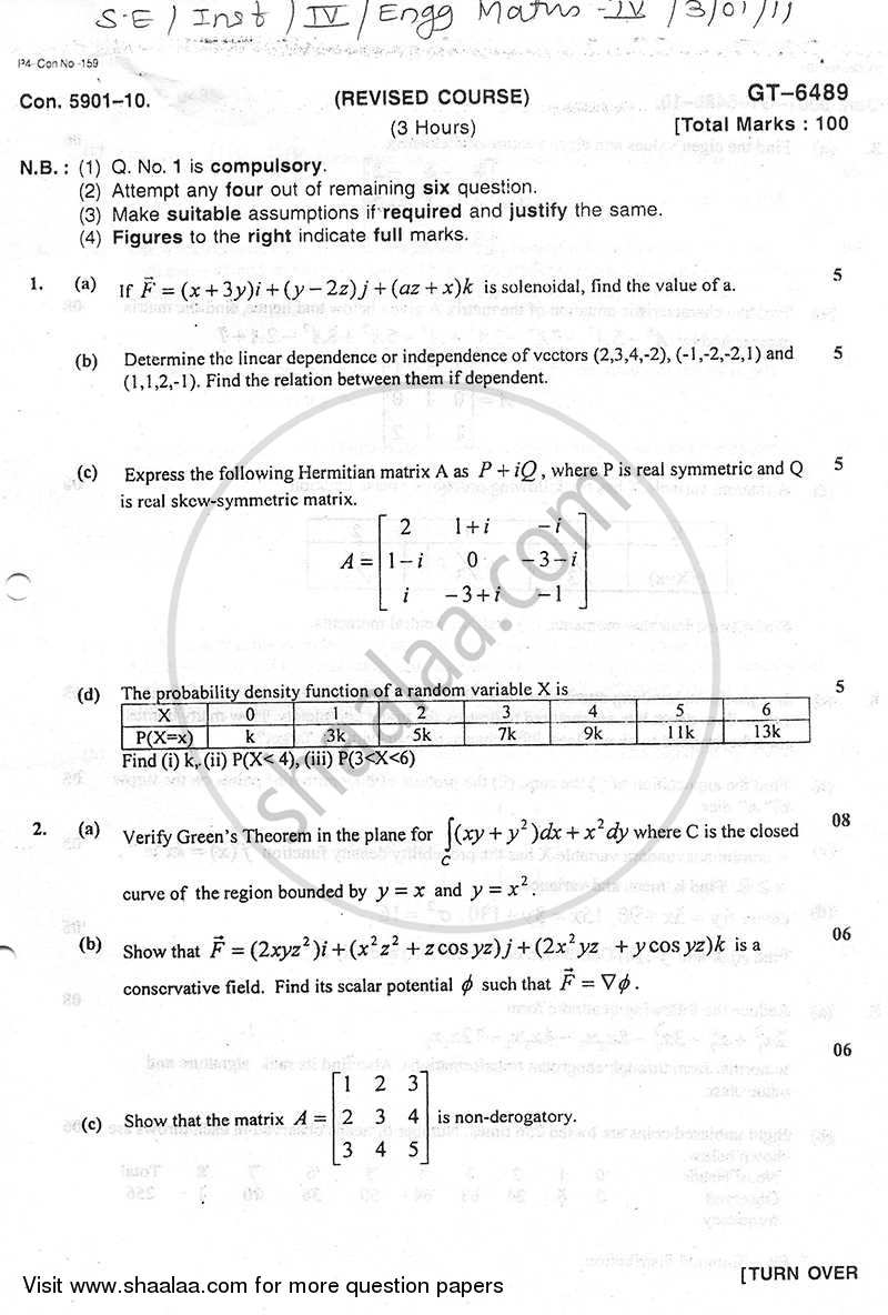 Applied Mathematics 4 2010-2011 - B.E. - Semester 4 (SE Second Year) - University of Mumbai question paper with PDF download