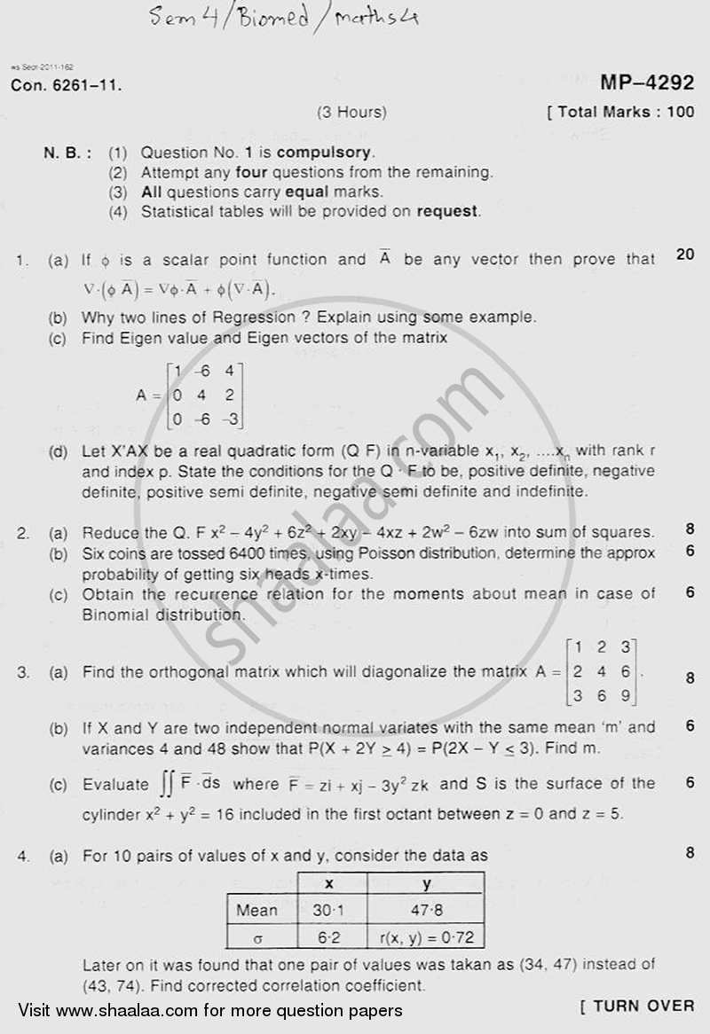Applied Mathematics 4 2011-2012 - B.E. - Semester 4 (SE Second Year) - University of Mumbai question paper with PDF download