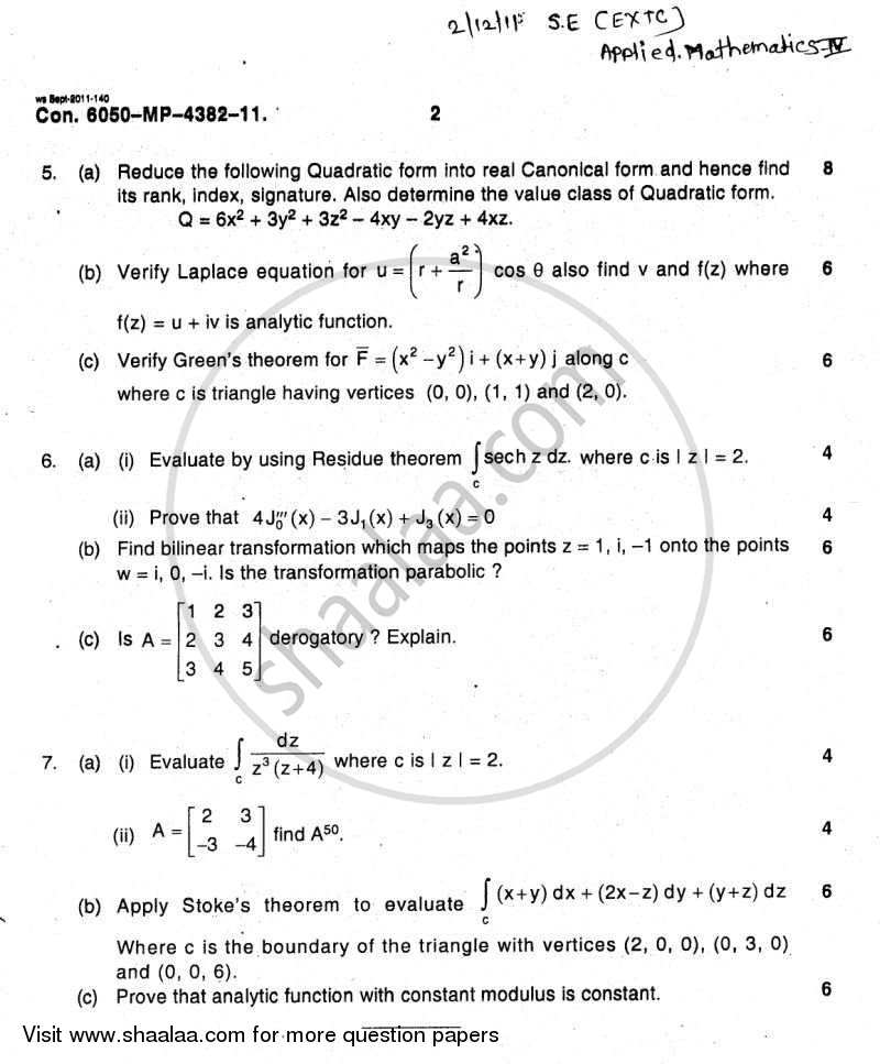 Applied Mathematics 4 2011-2012 - B.E. - Semester 4 (SE Second Year) - University of Mumbai question paper with PDF download